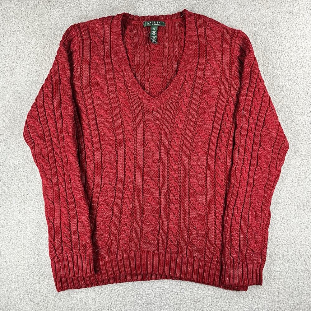 Lauren Ralph Lauren Sweater Women XL Cable Knit Metallic Cotton V Neck Pullover
